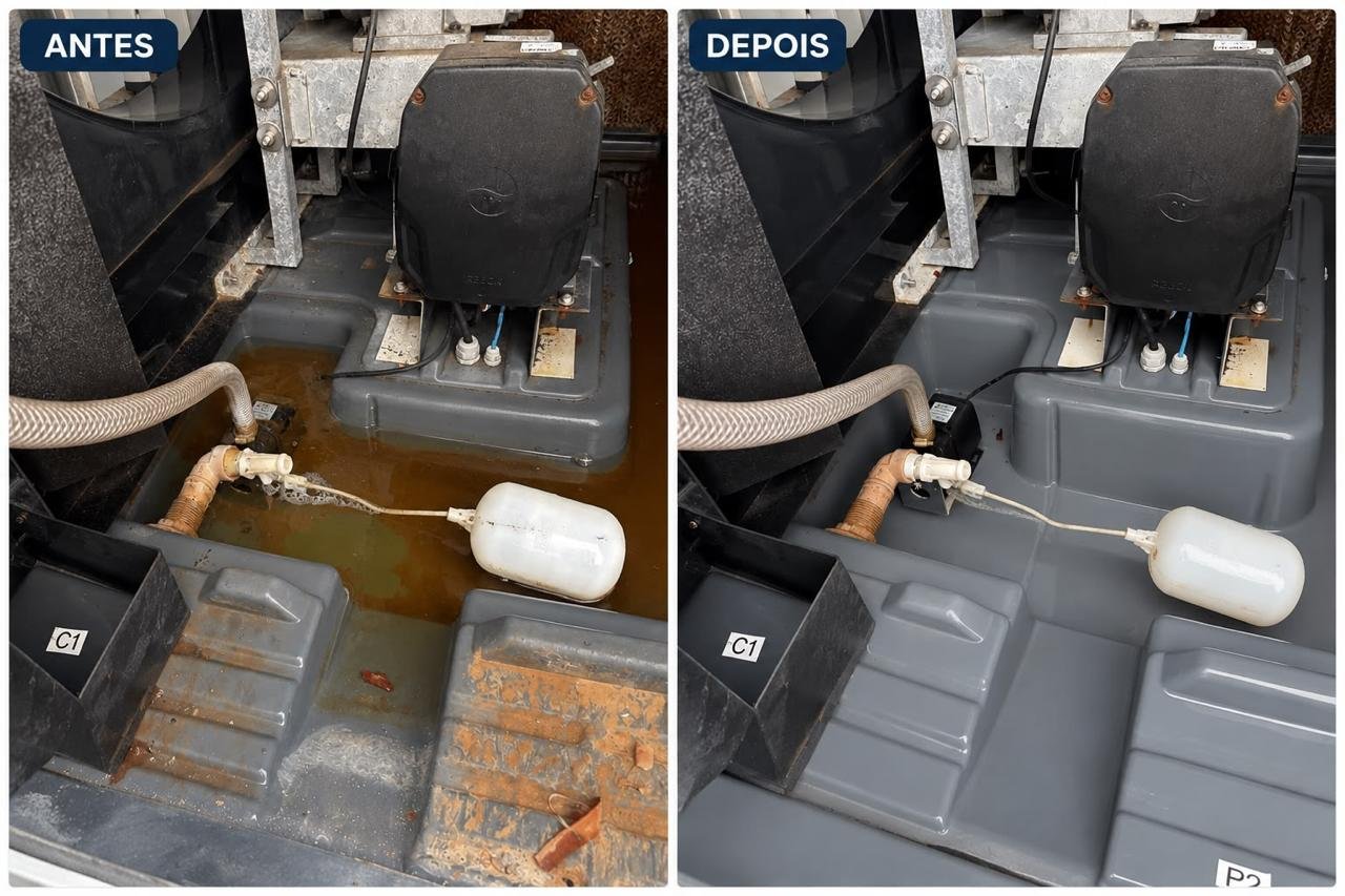 Técnico realizando manutenção em climatizador industrial no telhado